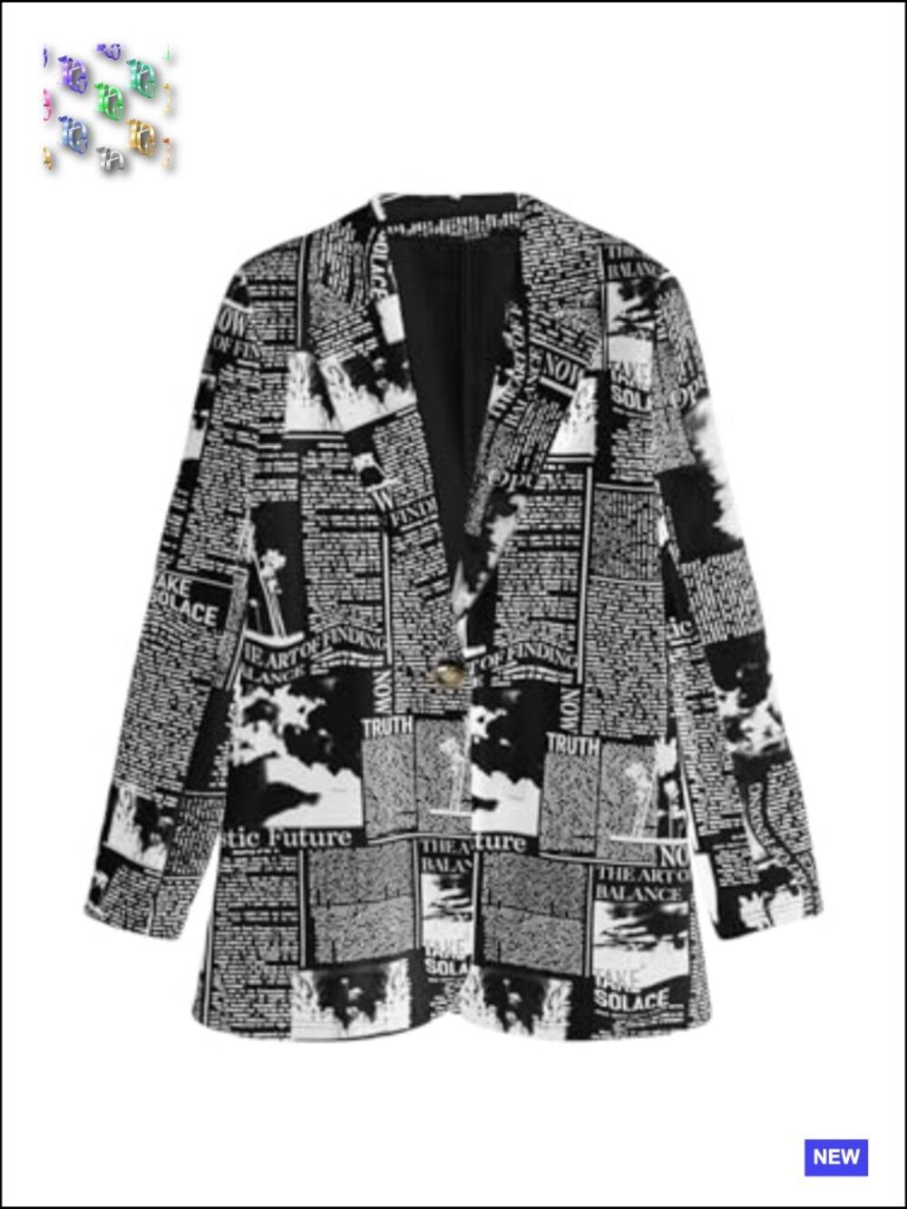Newspaper Print Blazer Lapel Collar Long Sleeve Work Office Jacket Chic - Picture 2 of 7